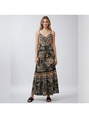 Boho Floral Print Drawstring Waist Fringed Ruffle Hem Cami Dress